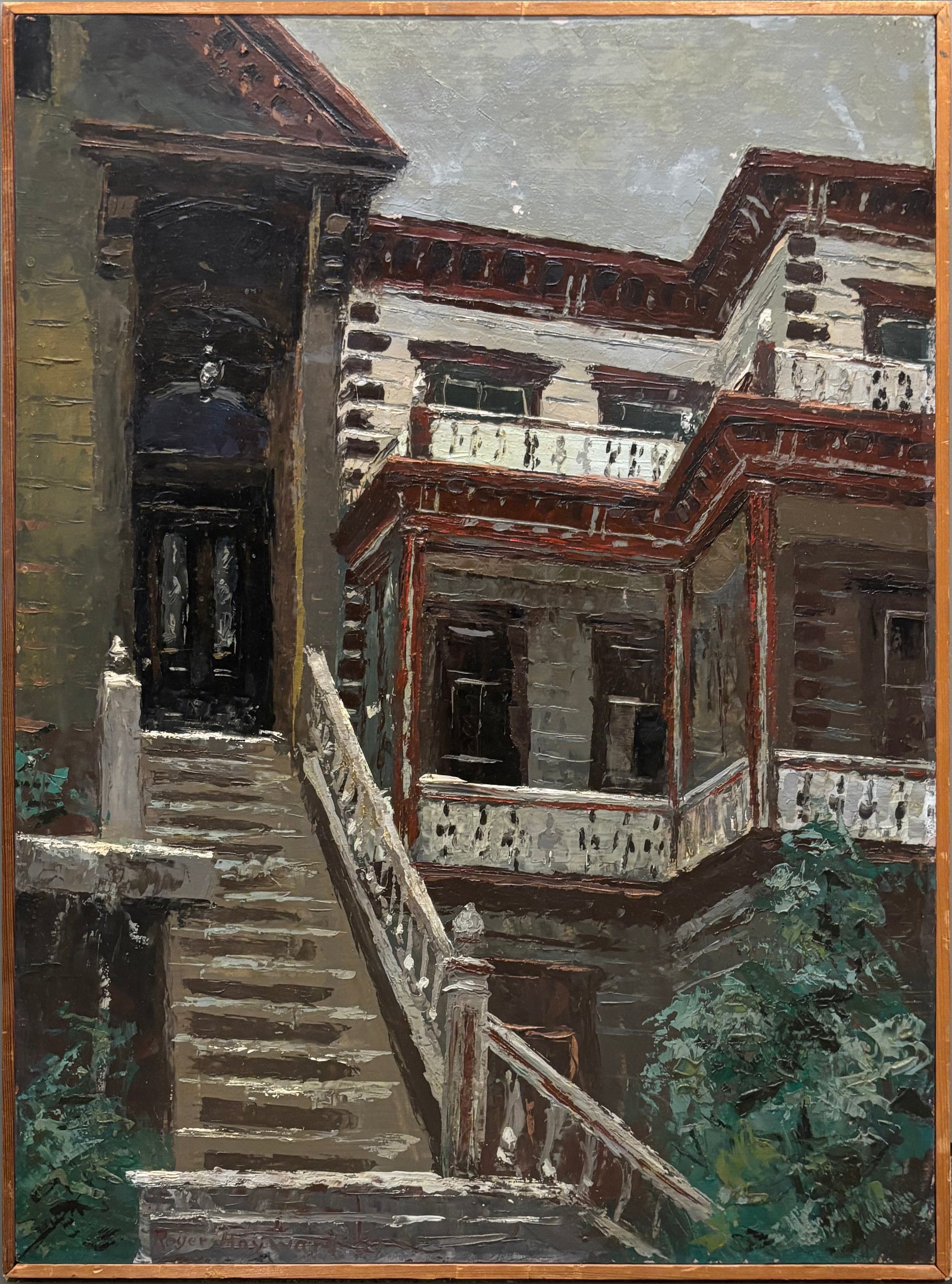 Oil painting of Victorian-style home by Roger Hayward, showing detailed architecture with stairs and balconies