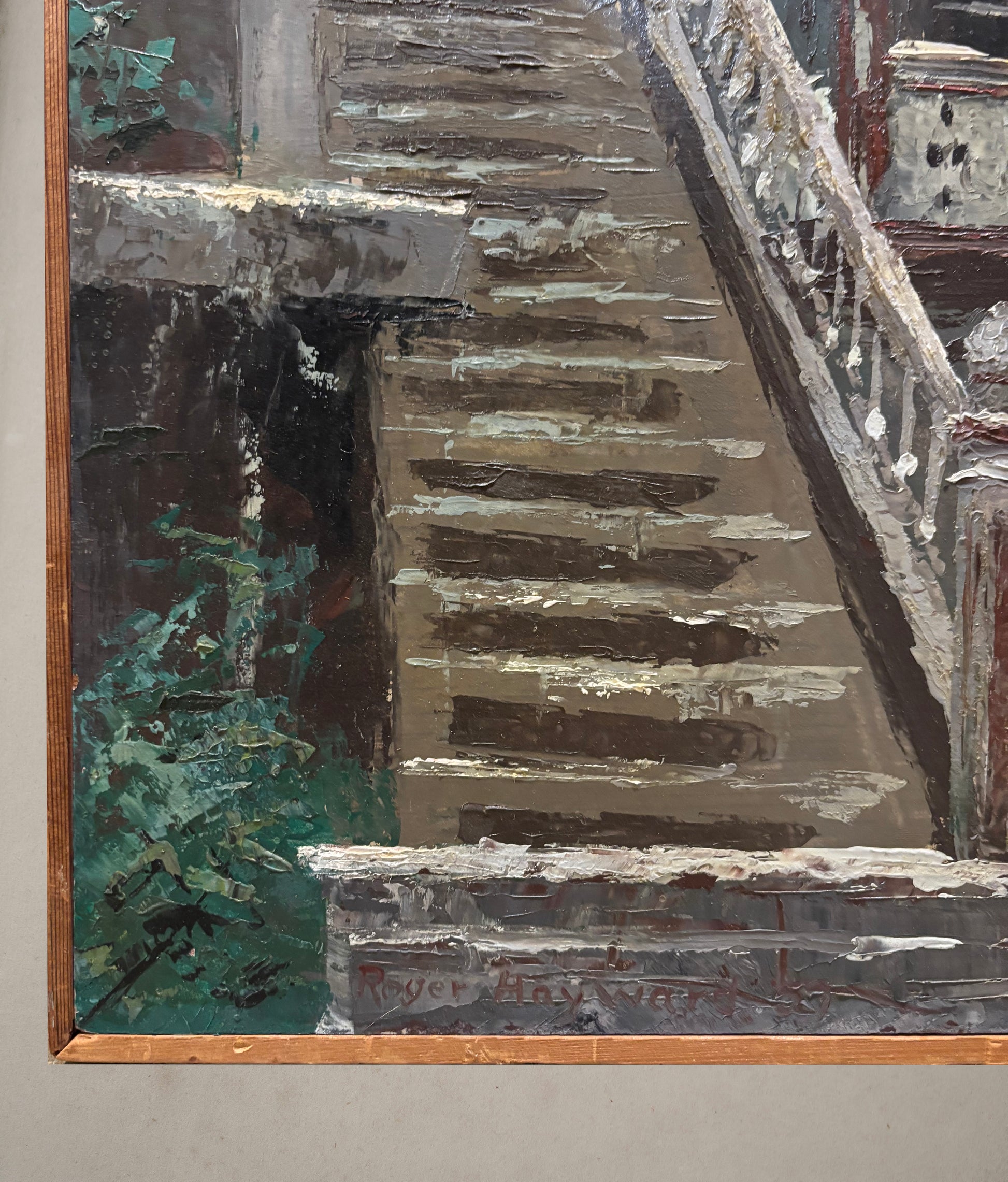 Oil painting of Victorian-style home by Roger Hayward, showing detailed architecture with stairs and balconies, signature