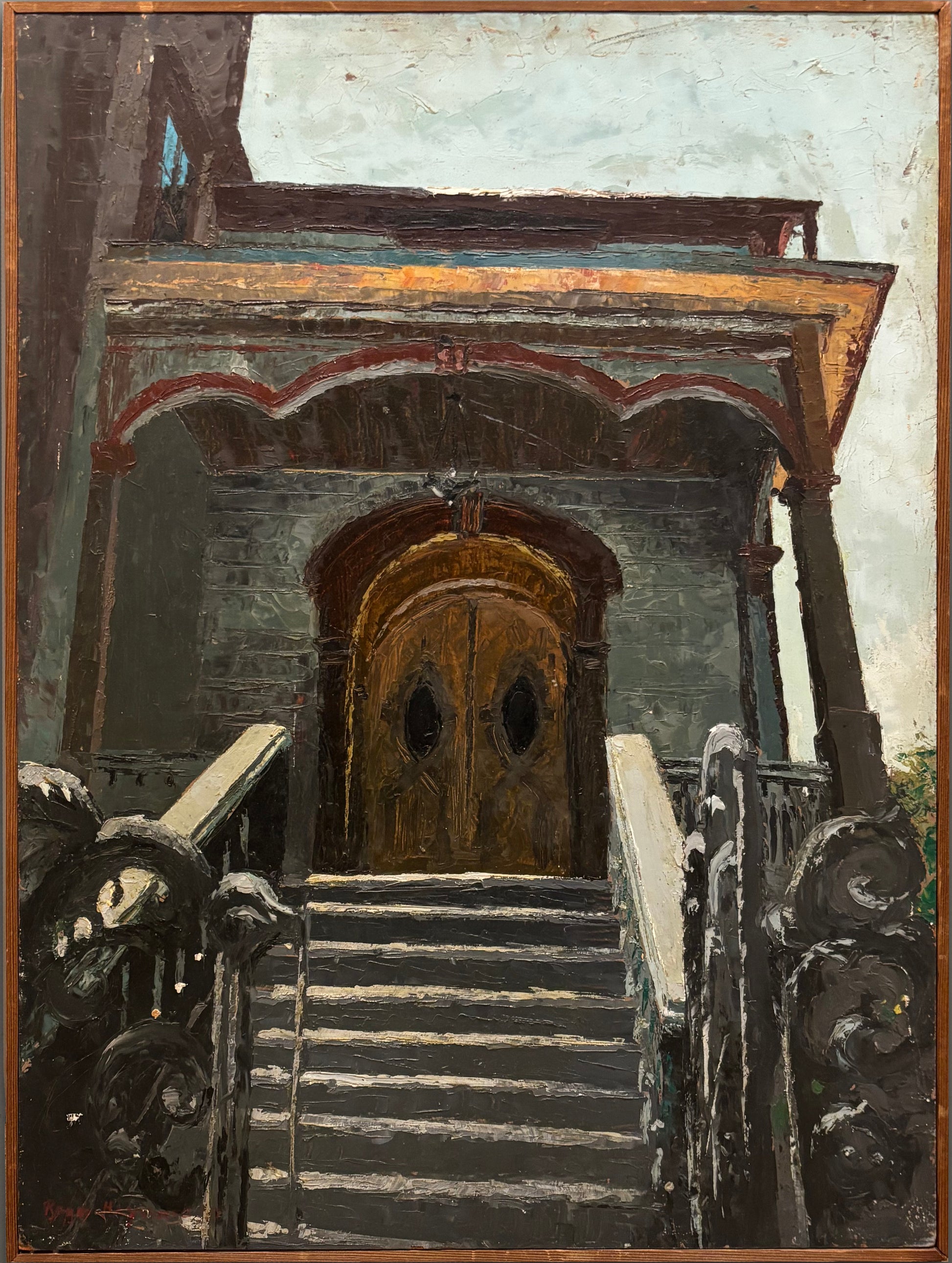 Architectural oil painting of a Victorian-style home entrance by Roger Hayward, circa 1957
