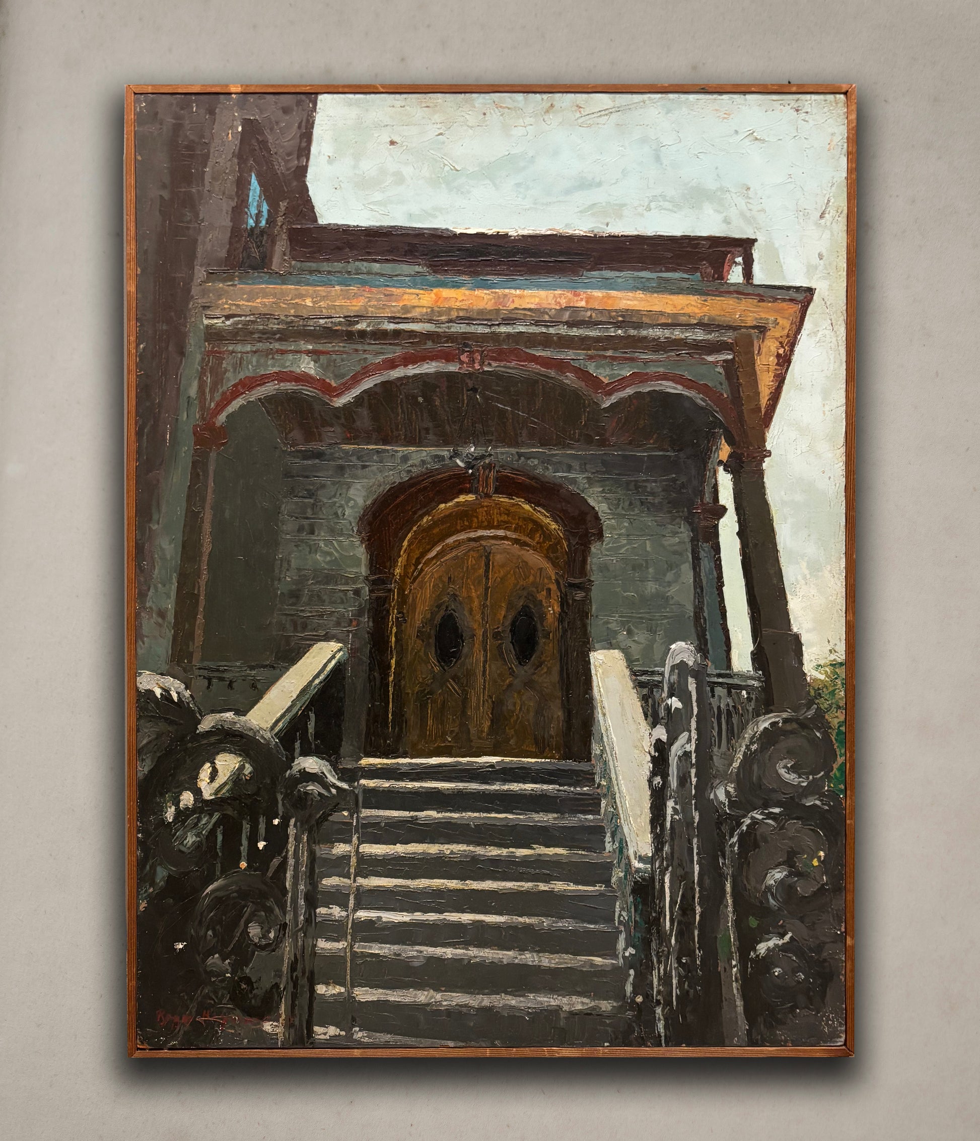 Architectural oil painting of a Victorian-style home entrance by Roger Hayward, circa 1957

