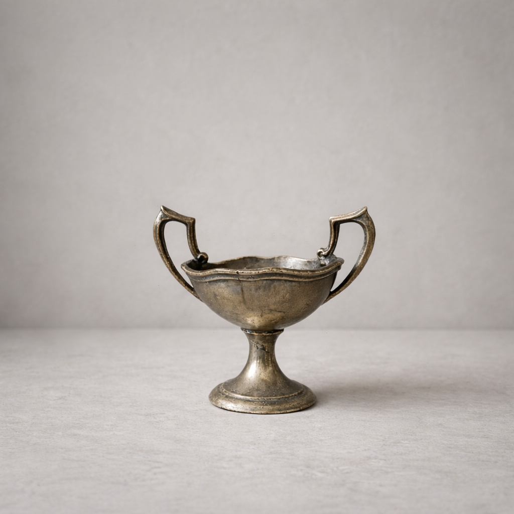 Small English silverplate two-handle vessel in classical form placed on limestone surface against plaster wall