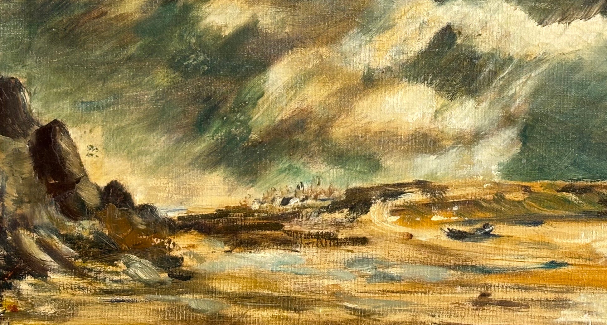 Dramatic coastal seascape oil painting with stormy clouds over Devon, England