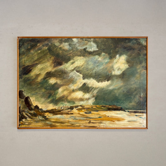Dramatic coastal seascape oil painting with stormy clouds over Devon, England