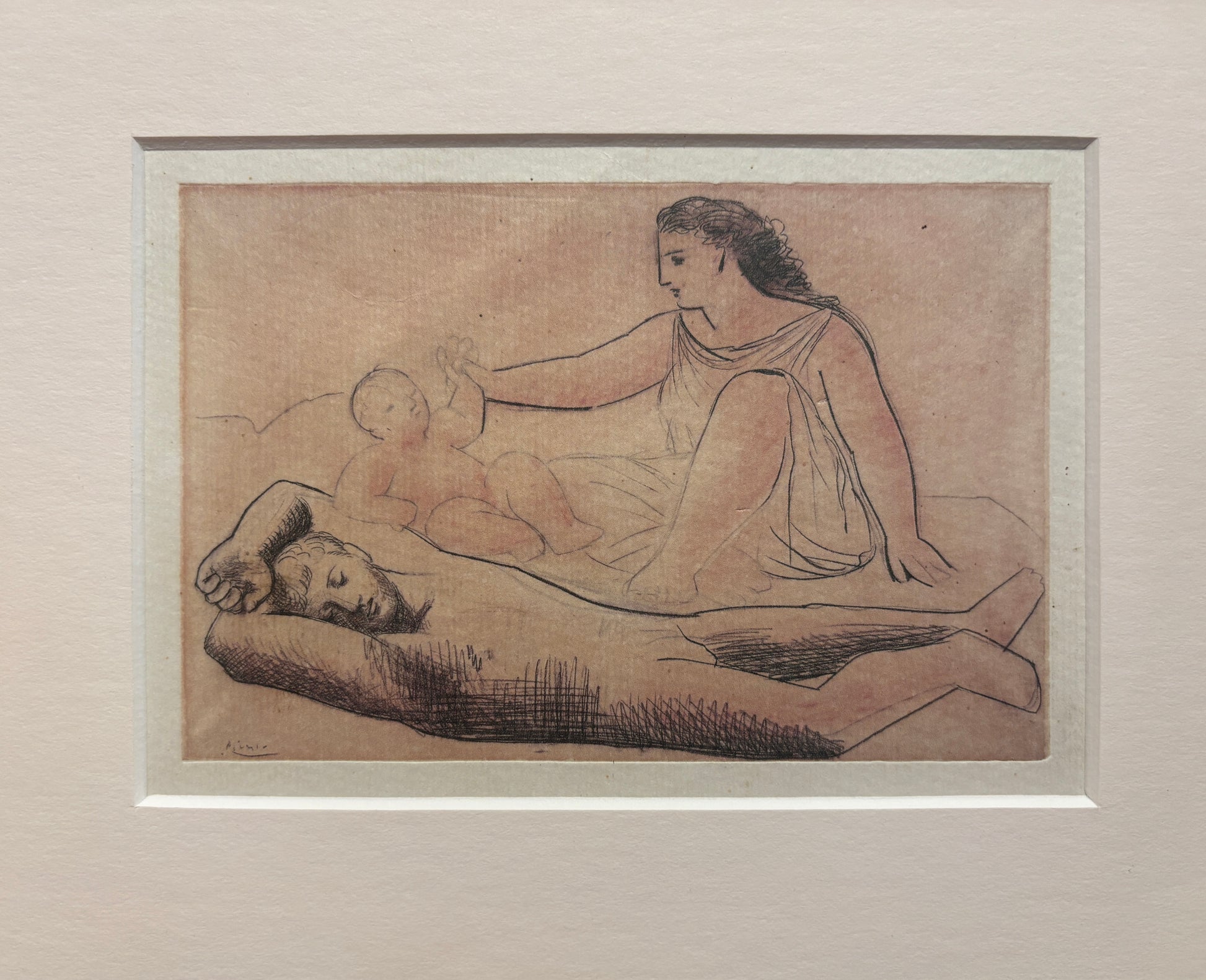 Vintage lithograph of reclining and seated classical figures in gold frame, mid-20th century, closeup